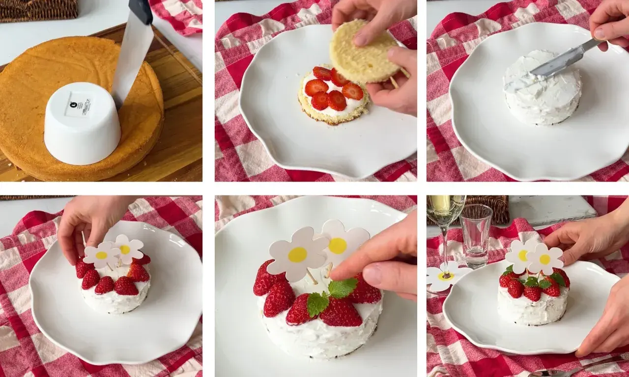Steg för steg hur man dekorera jordgubbstårta med grädde, jordgubbar och blomsterdekorationer.