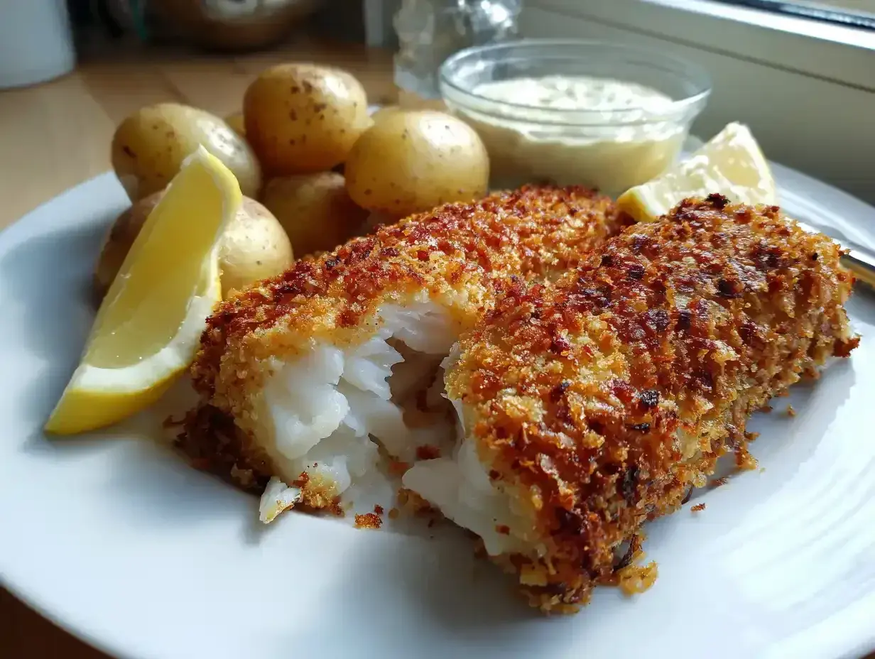 Krispig panerad torsk med kokt potatis, citronklyftor och en skål med sås. En klassisk svensk rätt som smakar ljuvligt.
