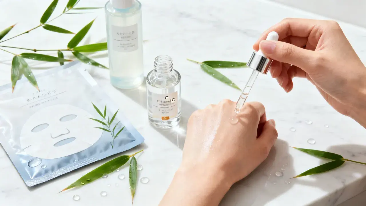 En hand applicerar C-vitaminserum för j beauty. Bambublad och sheet mask i bakgrunden.