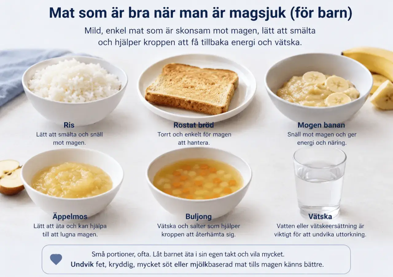 Mat efter magsjuka: ris, rostat bröd, banan, äppelmos, buljong och vätska. Skonsam mat för magen.