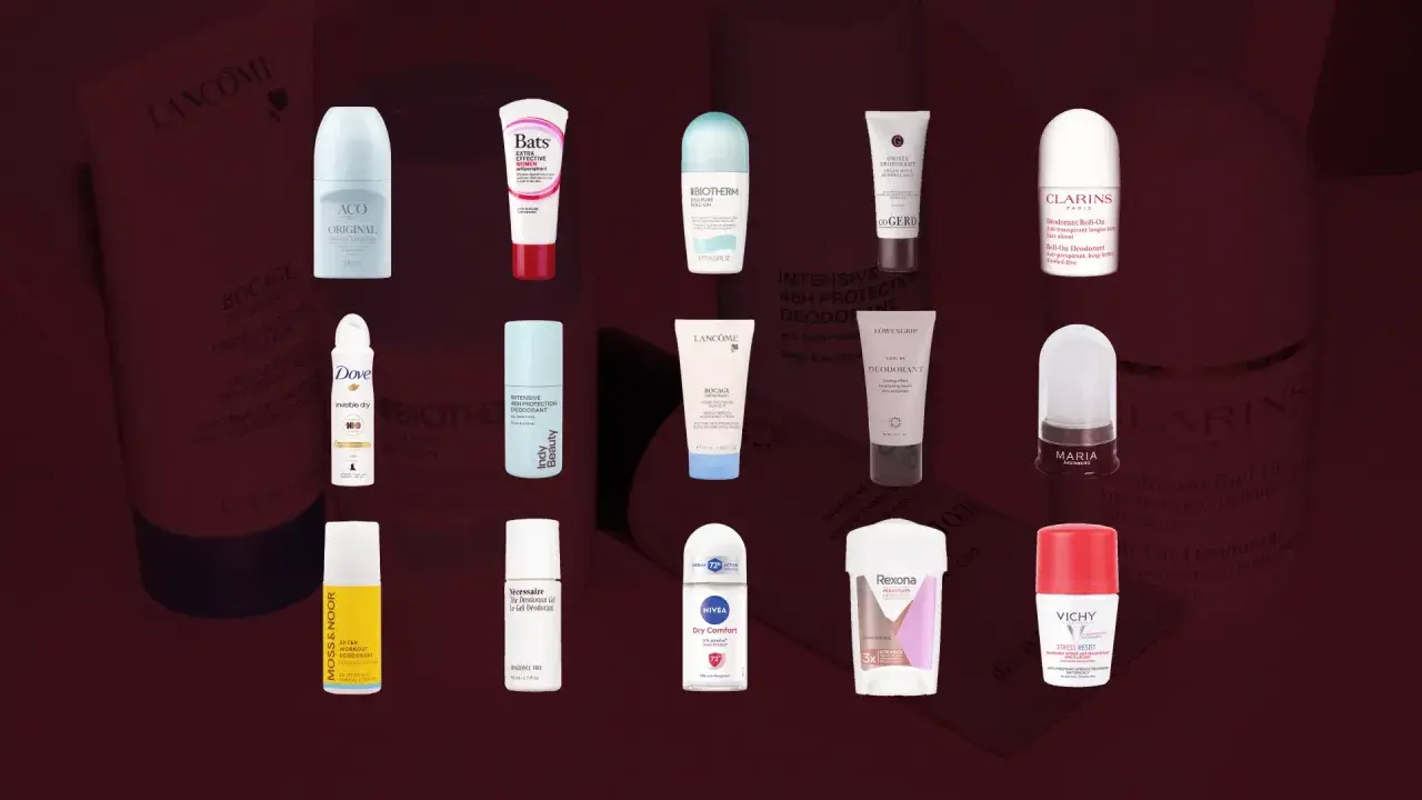 En samling deodoranter, inklusive en gul flaska från Moss & Noor After Workout Deodorant.