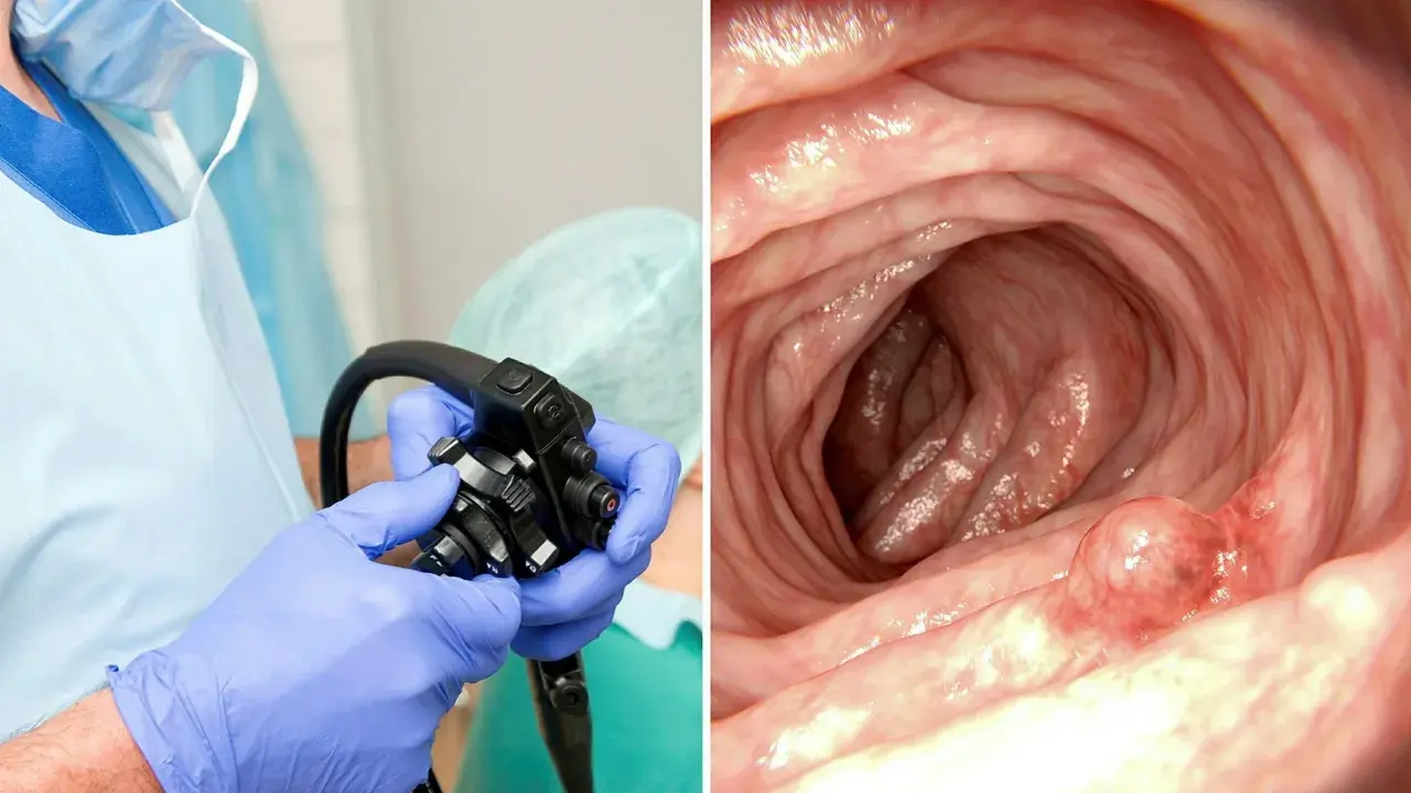 Läkare förbereder koloskopi. Bilden visar insidan av tarmen med en polyp, vilket kan vara en av de potentiella askorbinsyra biverkningar vid överdosering.