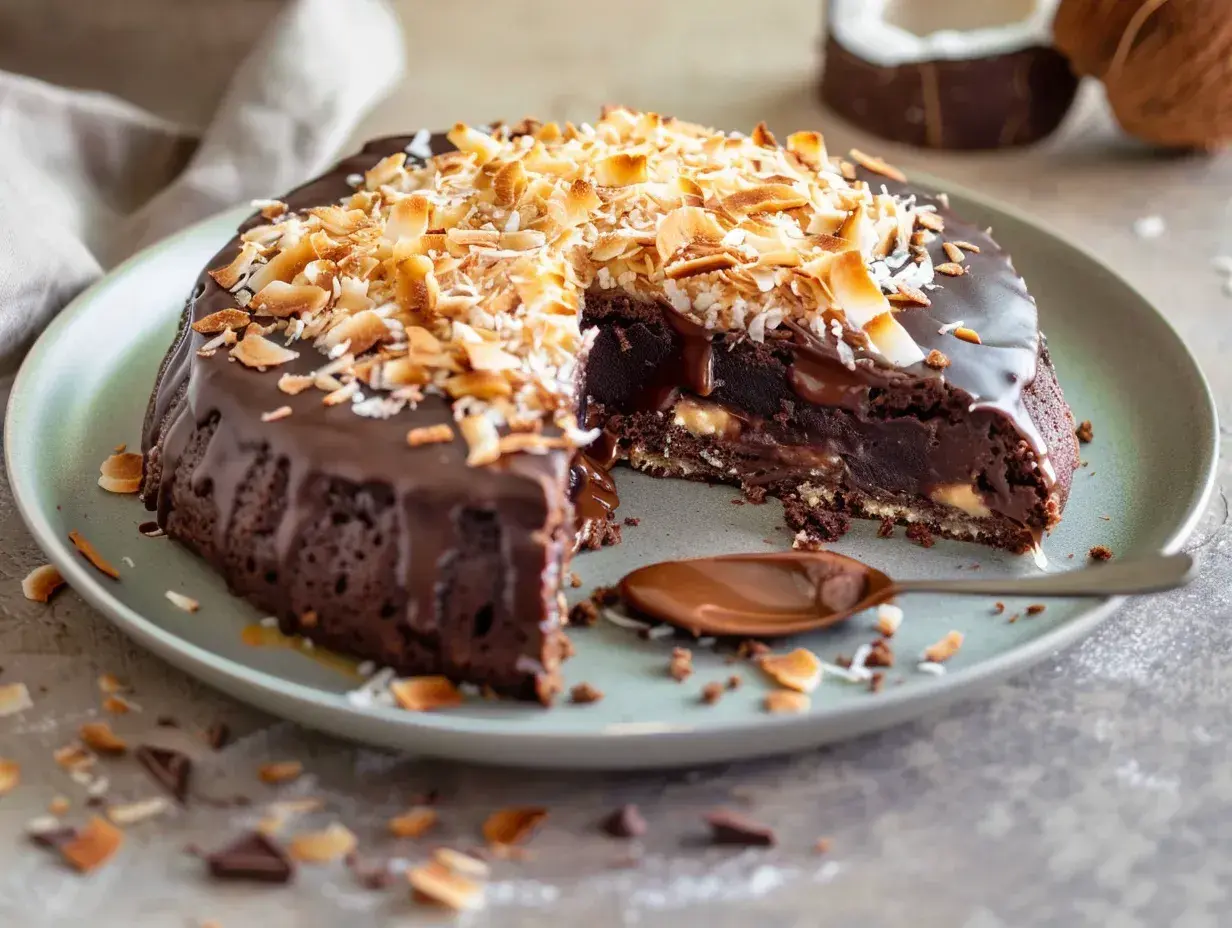 En saftig kladdkaka med kokostosca, täckt av chokladglasyr och toppad med rostad kokos. En sked med chokladsås ligger bredvid.