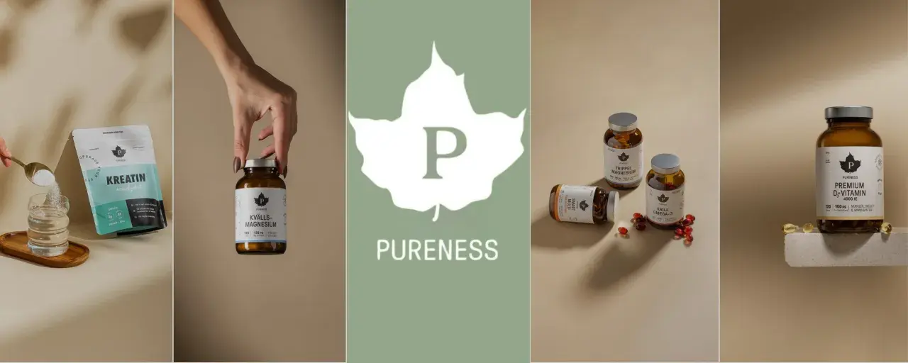 Pureness erbjuder kosttillskott som kreatin, kvällsmagnesium och trippel magnesium för en hälsosam livsstil.