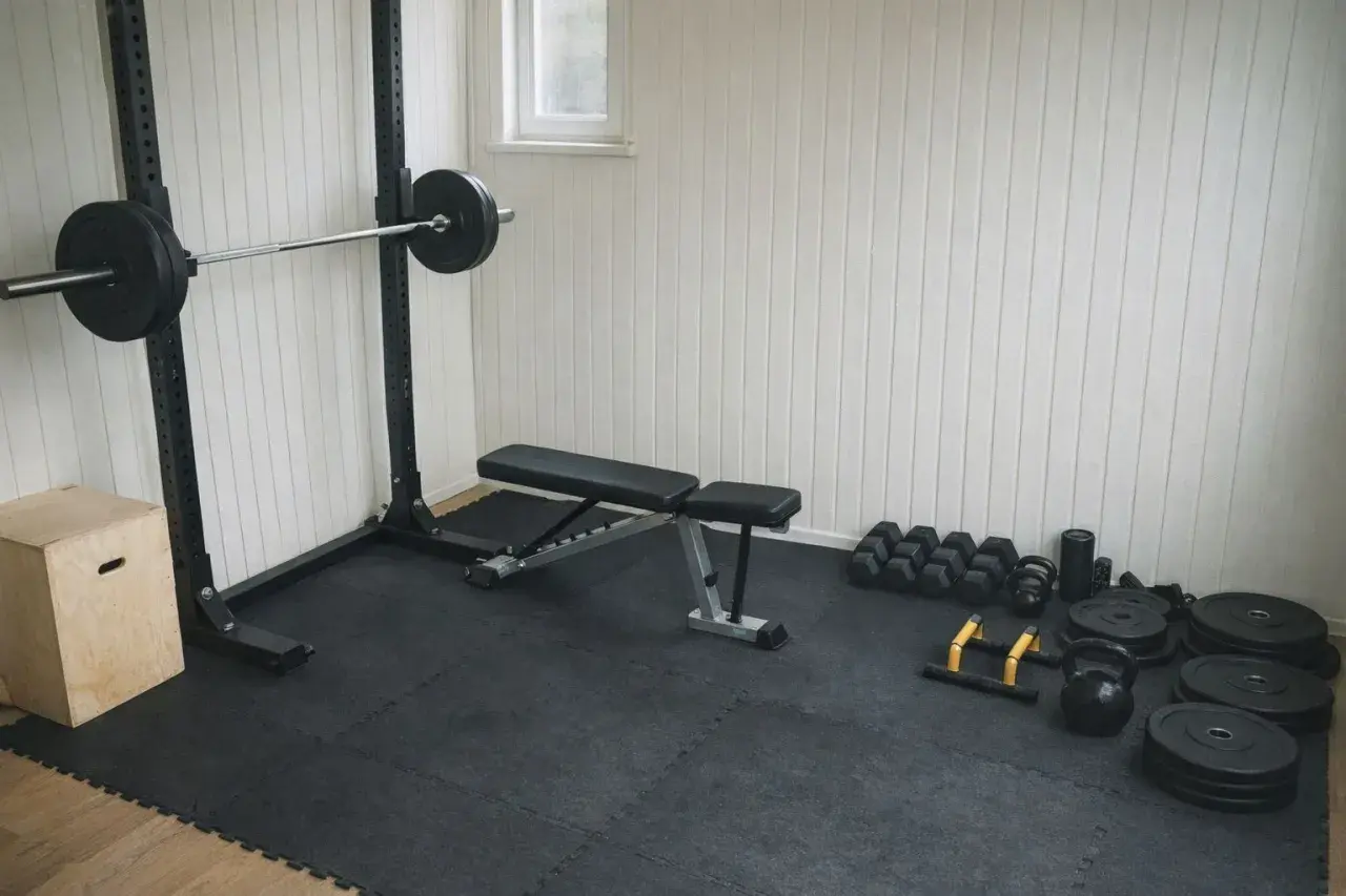Hemmagym med skivstångsställning, bänk, hantlar, kettlebells och box. Ett komplett gym schema för träning hemma.