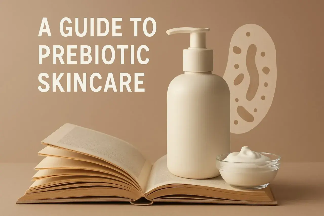 En guide till probiotika hudvård: en pumpflaska, en skål med kräm och en öppen bok.