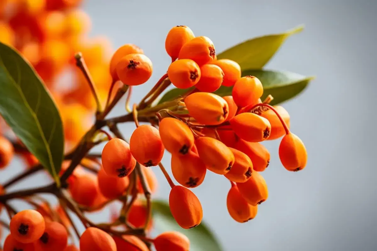 Klarorange bär på en gren, som påminner om berberine svenska. Gröna blad och en ljus bakgrund.