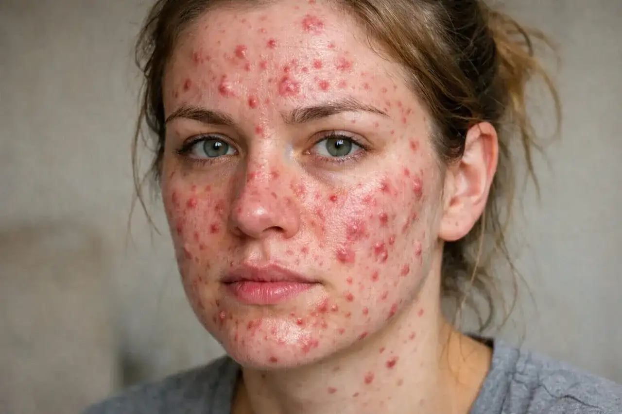 Ansiktsbild av en kvinna med utslag och rodnad runt munnen, ett tydligt tecken på perioral dermatit.