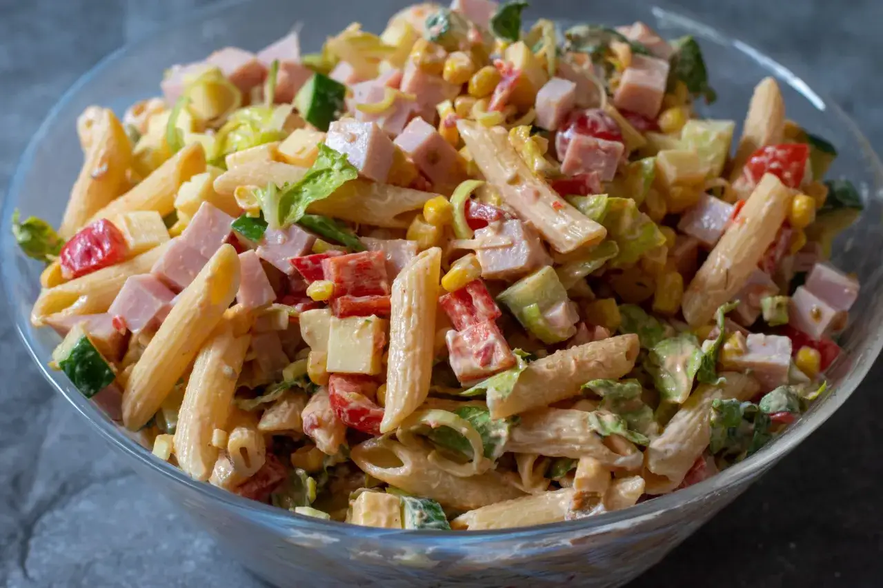 En stor sk&aring;l med en kr&auml;mig pastasallad med penne, skinka, majs, tomat och gurka. Ett perfekt pastasallad recept f&ouml;r sommaren.