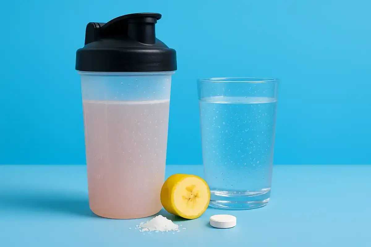 En shaker med rosa dryck, ett glas vatten, en bananskiva, kreatinpulver och en tablett. Hur mycket vatten ska man dricka om man tar kreatin?