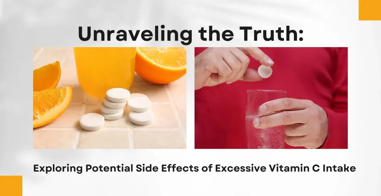 Apelsiner och brustabletter. Bilden utforskar askorbinsyra biverkningar vid &ouml;verdriven C-vitaminintag.