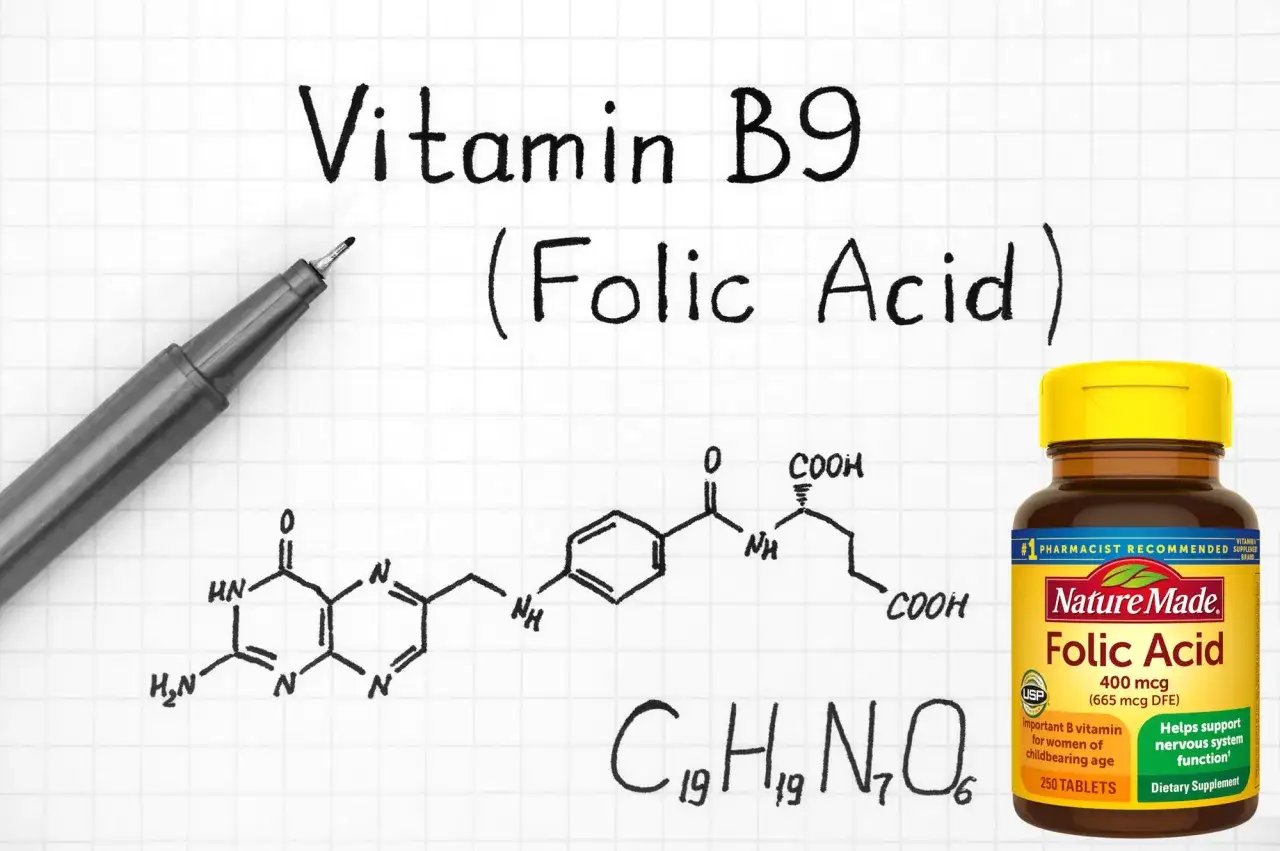Folic acid svenska: Vitamin B9-molekyl och en burk Nature Made Folic Acid-tillskott. Viktigt för kvinnor i fertil ålder.