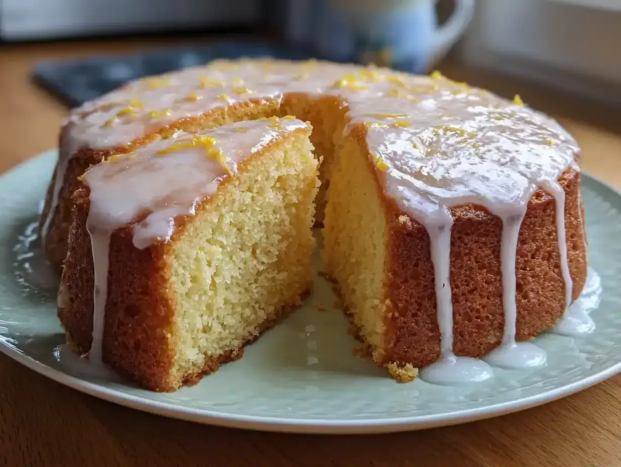 En saftig sockerkaka citron med glasyr som rinner ner l&auml;ngs kanterna, toppad med rivet citronskal.