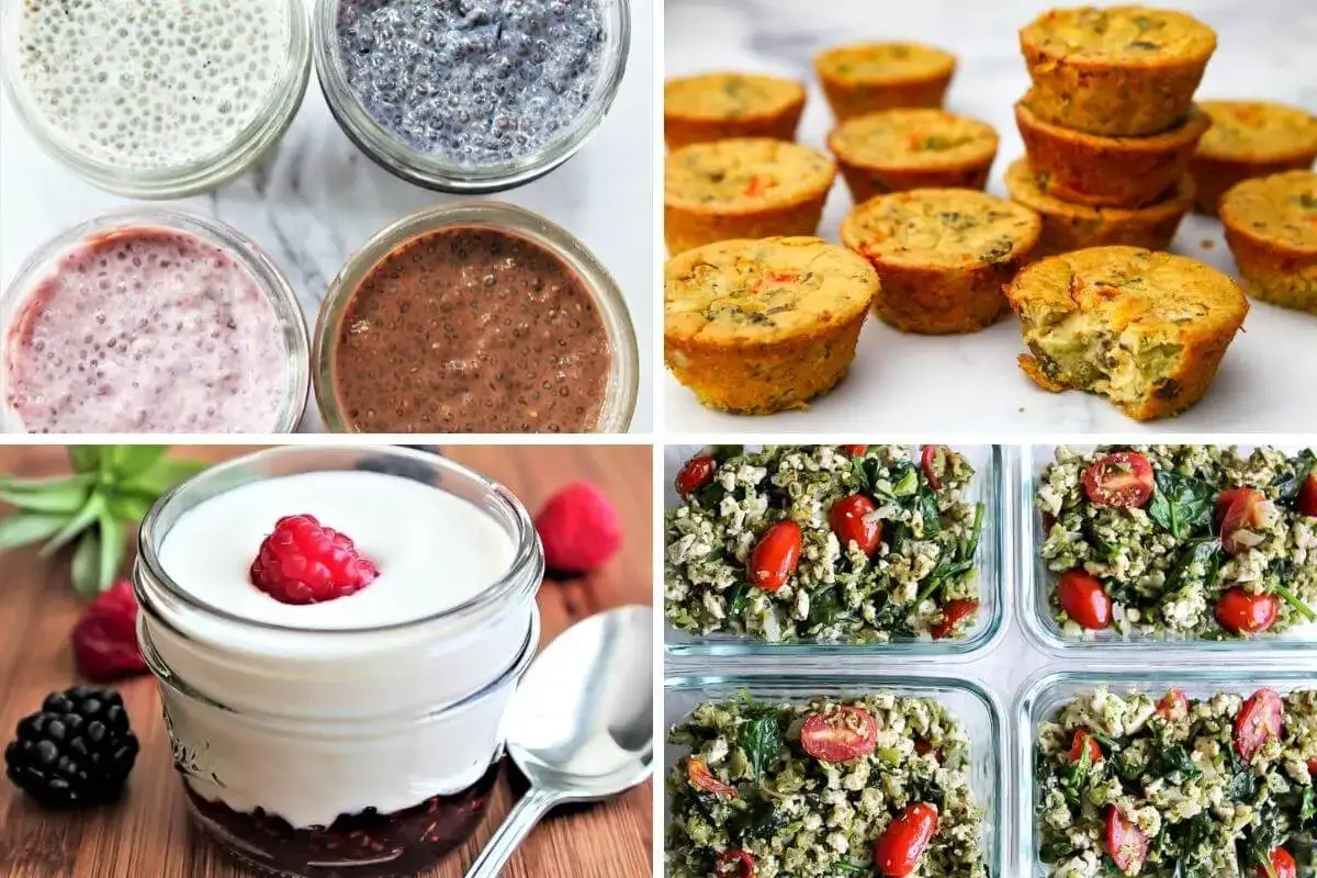En h&auml;rlig samling av vegansk frukost: chiapudding i olika smaker, sm&aring; gr&ouml;nsaksfrittatas och en kr&auml;mig yoghurt med b&auml;r.