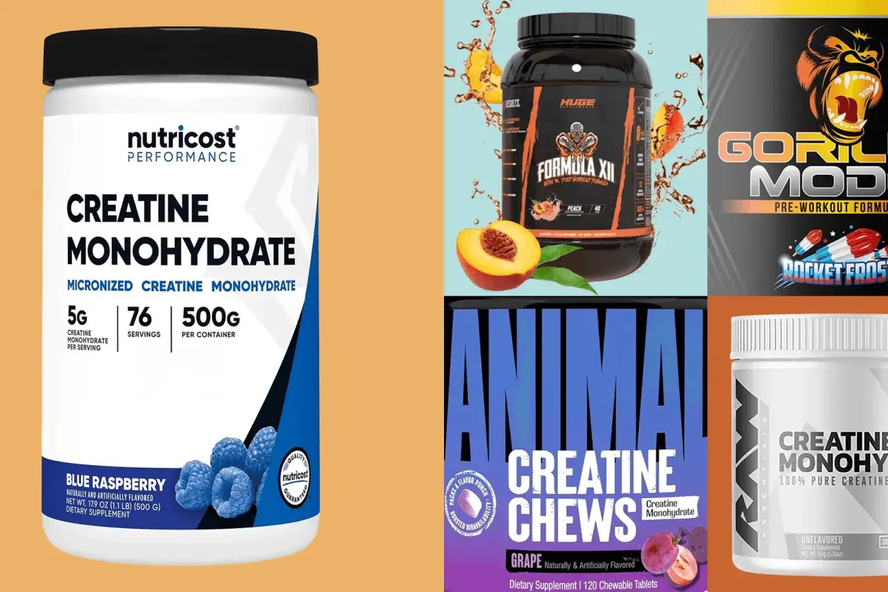 Flera kreatinprodukter visas, inklusive Nutricost Creatine Monohydrate, Huge Supplements Formula XII, Gorilla Mode och Animal Creatine Chews. Dessa är alla bra alternativ för den som söker core creatine caps pro.