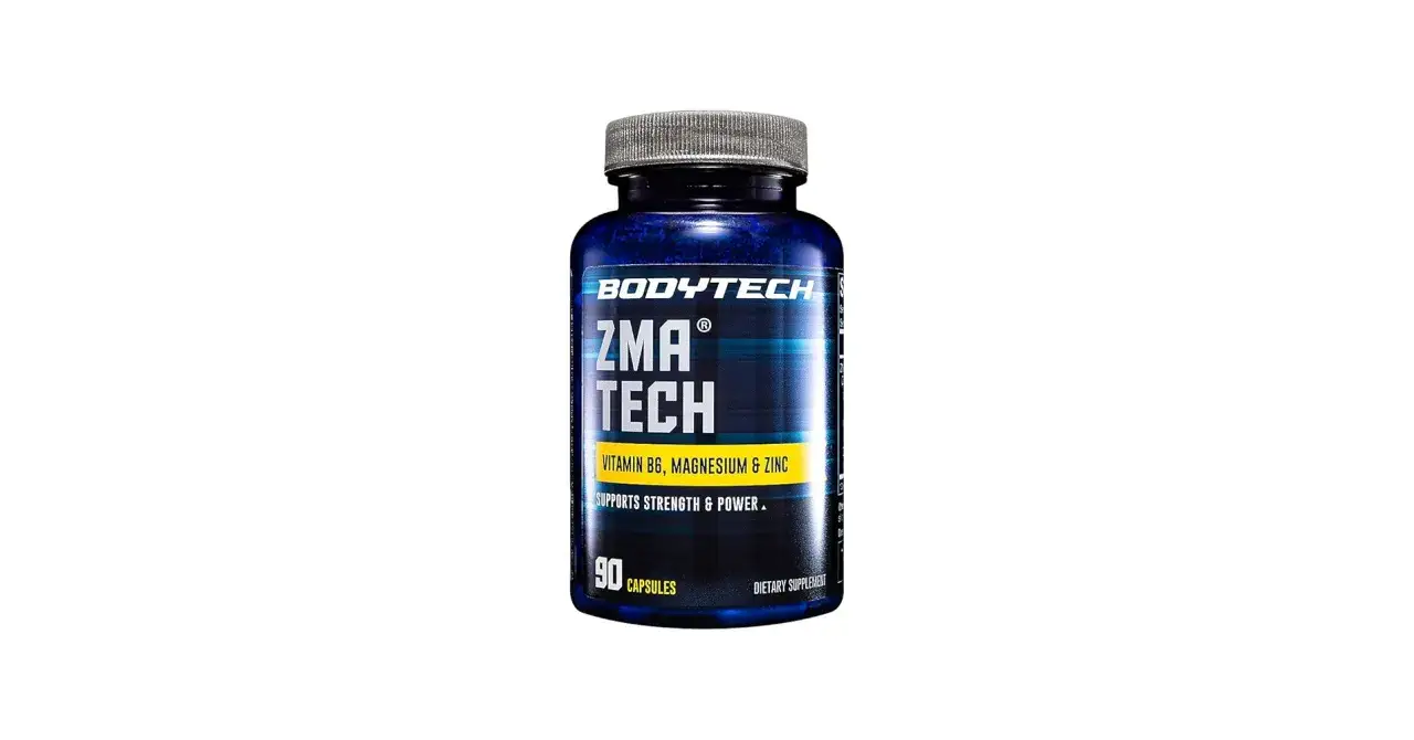 En burk med Bodytech ZMA Tech-kapslar, som innehåller vitamin B6, magnesium och zink. Läs om eventuella zma biverkningar innan användning.
