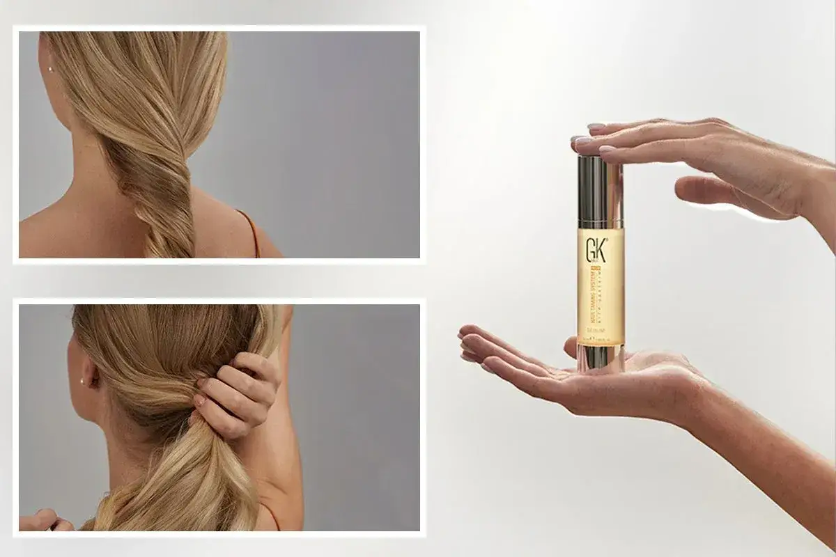 H&aring;rv&aring;rd med arganolja f&ouml;r glansigt h&aring;r. En flaska serum h&aring;lls i h&auml;nderna, bredvid bilder p&aring; blont h&aring;r som stylas.