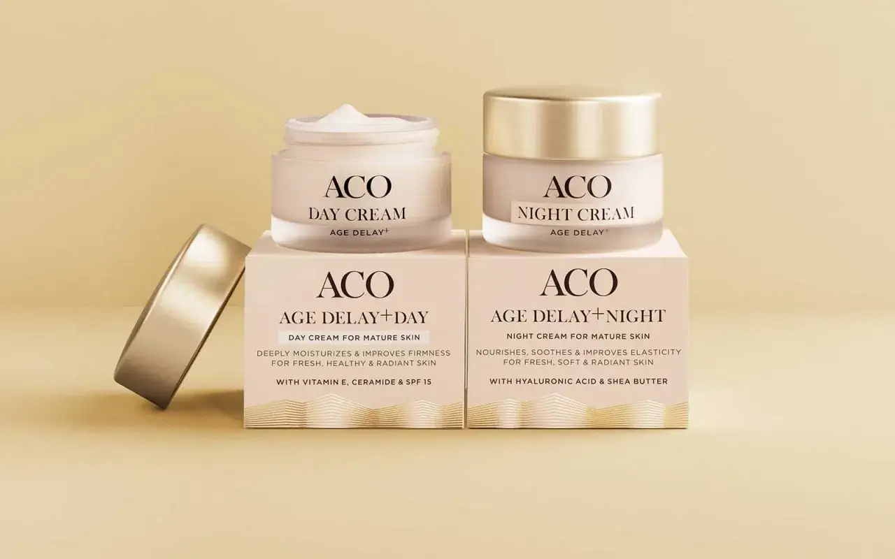 ACO Age Delay+ ansiktskr&auml;m f&ouml;r dag och natt. En duo f&ouml;r mogen hud som ger fukt, fasthet och lyster.