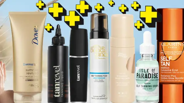 Flera produkter för att applicera brun utan sol, inklusive krämer, mousse och droppar, för en solkysst hud.