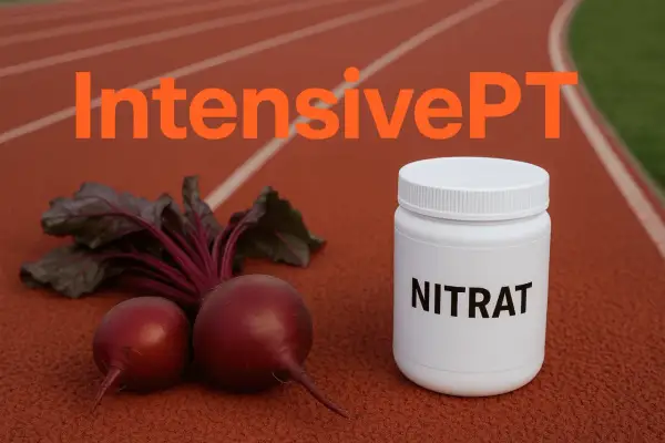 Rödbetor och en burk med texten "NITRAT" på en löparbana. Ett kosttillskott för intensiv träning.