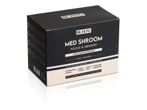 En kartong med "Med Shroom" pulver, som innehåller lejonman svamp för fokus och minne.