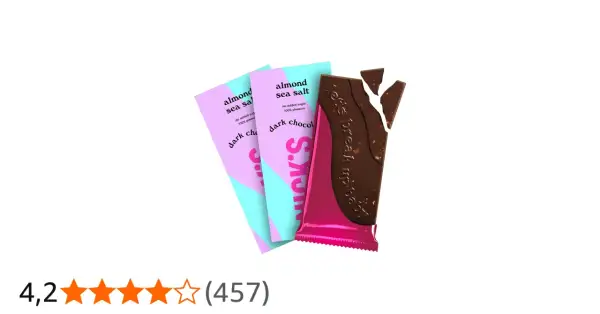 Nicks mörk choklad med mandel och havssalt, en bruten chokladkaka med rosa och turkosa förpackningar i bakgrunden.