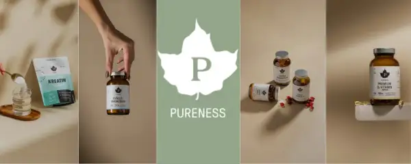 Pureness erbjuder kosttillskott som kreatin, kvällsmagnesium och trippel magnesium för en hälsosam livsstil.