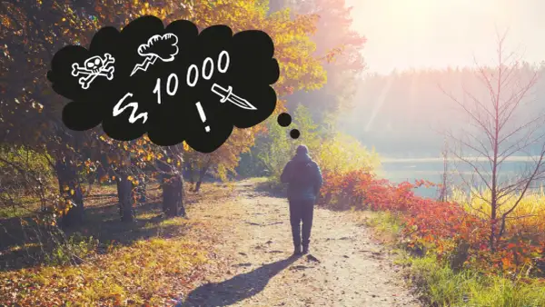 En person funderar på hur lång tid det tar att gå 10000 steg, med symboler för fara och utmaning i tankebubblan.