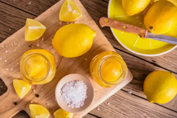 Inlagda citroner i glasburkar, färska citroner, salt och pepparkorn på en träskärbräda.