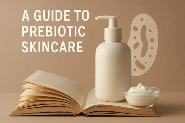 En guide till probiotika hudvård: en pumpflaska, en skål med kräm och en öppen bok.