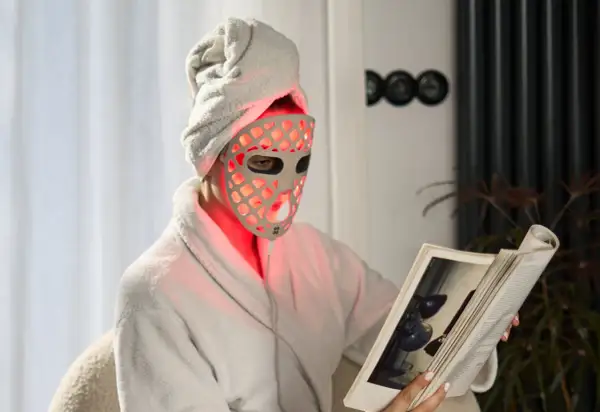 Person med handduk på huvudet och en led mask ansikte läser en bok i en morgonrock.